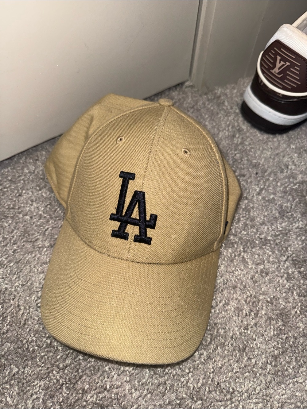 LA Logo Baseball Cap in Tan with Black Embroidery